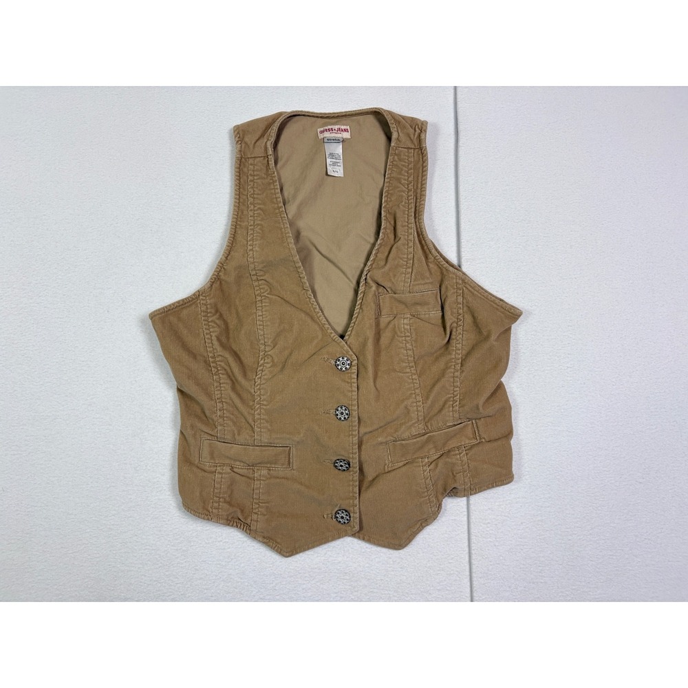 Guess Jeans Womens XL Tan Corduroy Vest Button Front Stretch Khaki